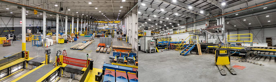 Side by side images displaying the interior of the subject property, an industrial warehouse.